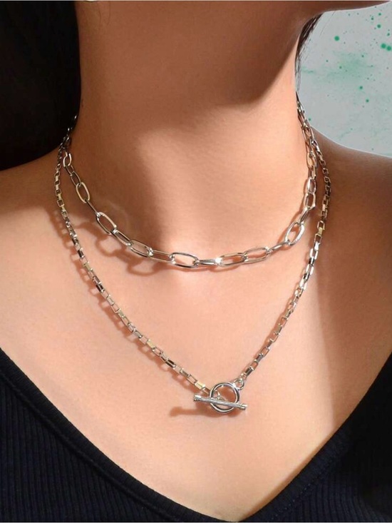 Jewelry - Sterling-Look Double Layer Silver Chain Necklace - Toggle Clasp